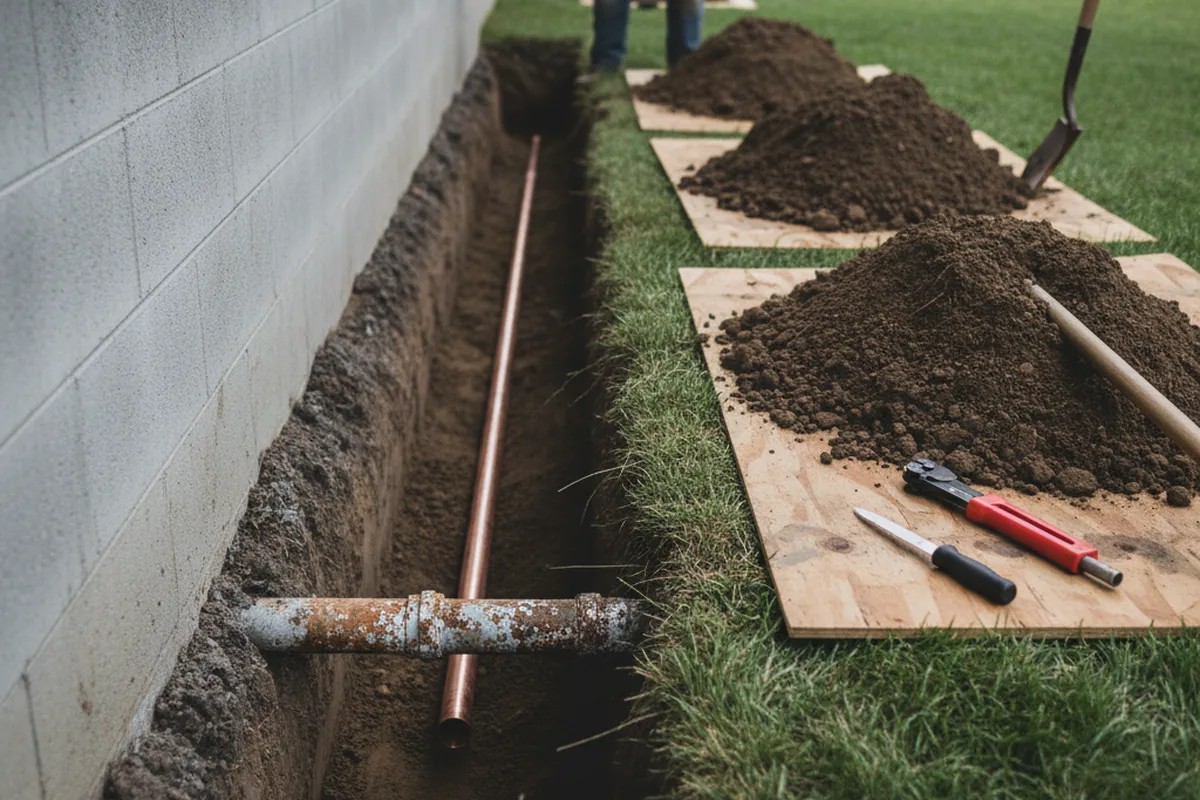 Excavated water line trench during Sewer Line Repair in Elburn